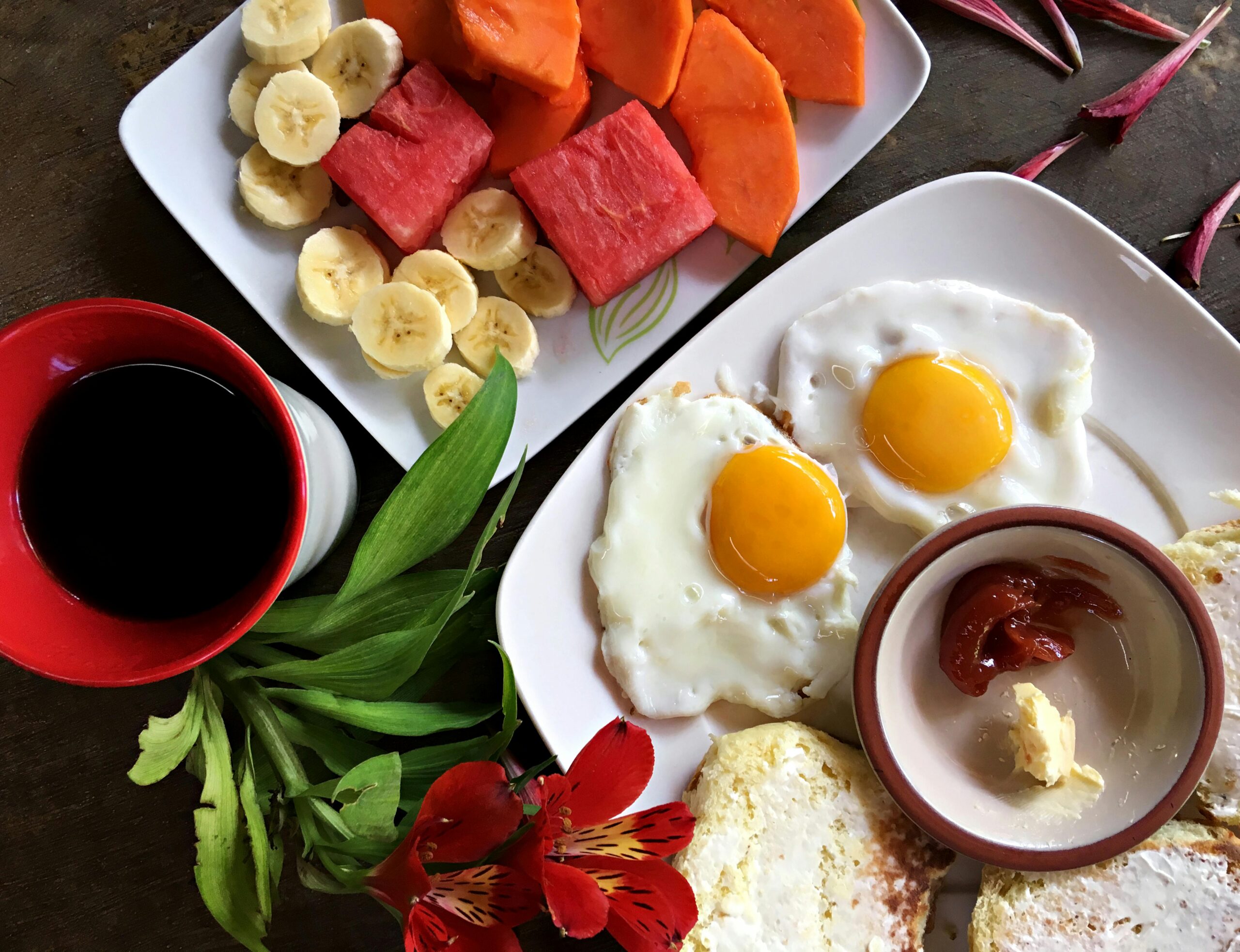 Healthy breakfast featuring eggs, fruits, and coffee arranged beautifully for a vibrant start.